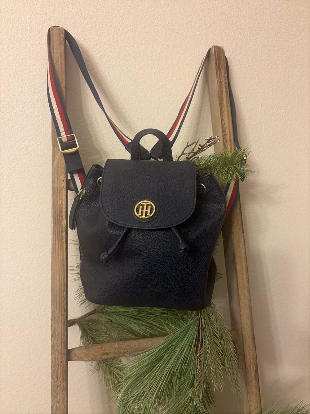 Tommy Hilfiger Navy Blue Faux Leather Drawstring Small Backpack with Striped Str